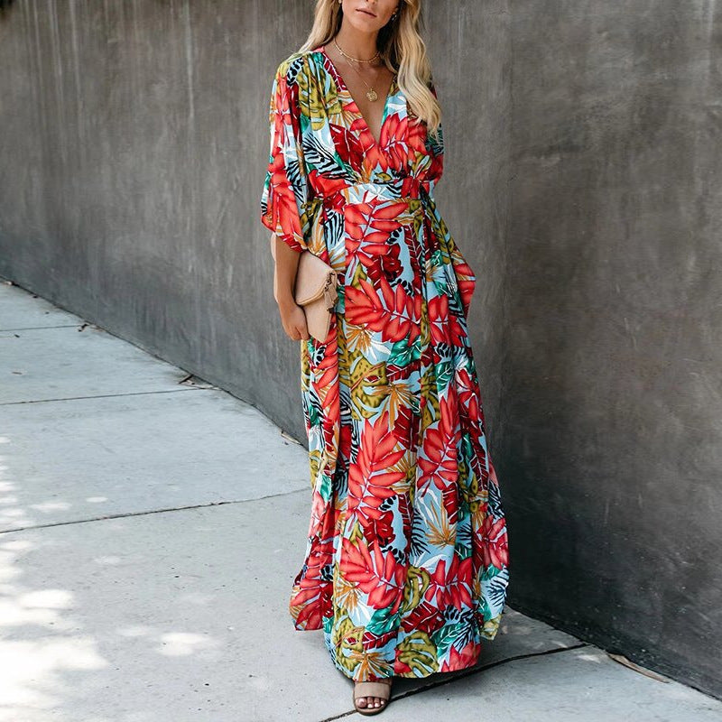 V-Neck Floarl Print Maxi Dress