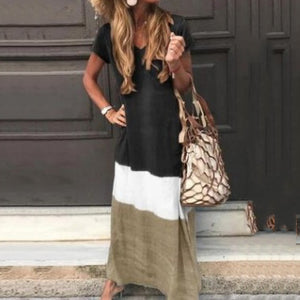 Boho Style Color Splicing Casual Loose Fit Maxi Dress