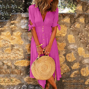 Solid Color V-Neck Half Sleeve Dress