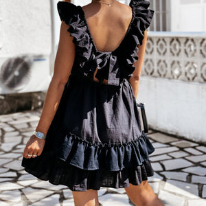 Solid Color Ruffle Stitching Sleeveless Mini Dress