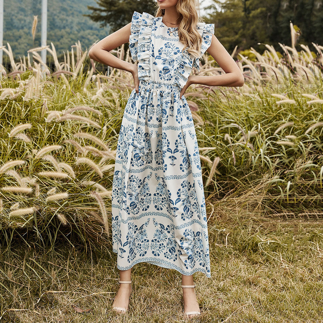 Elegant Backless Floarl Printed Dress