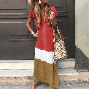 Boho Style Color Splicing Casual Loose Fit Maxi Dress