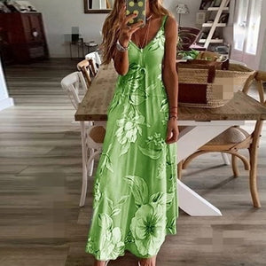 V-Neck Suspender Floarl Printed Dress