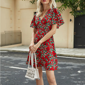 Floral Printed V-Neck Short Sleeve Mini Dress