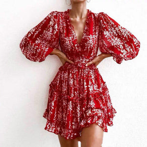V-Neck Puff Sleeve Mini Dress