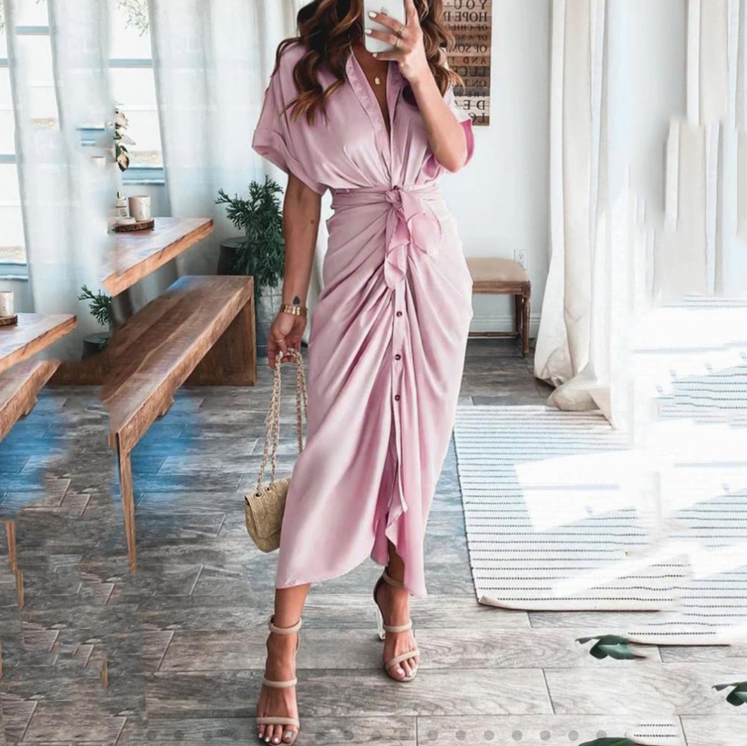 Elegant Commuter Solid Color V-Neck Maxi Dress