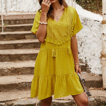 Load image into Gallery viewer, Lace Stitching Solid Color V-Neck Dress
