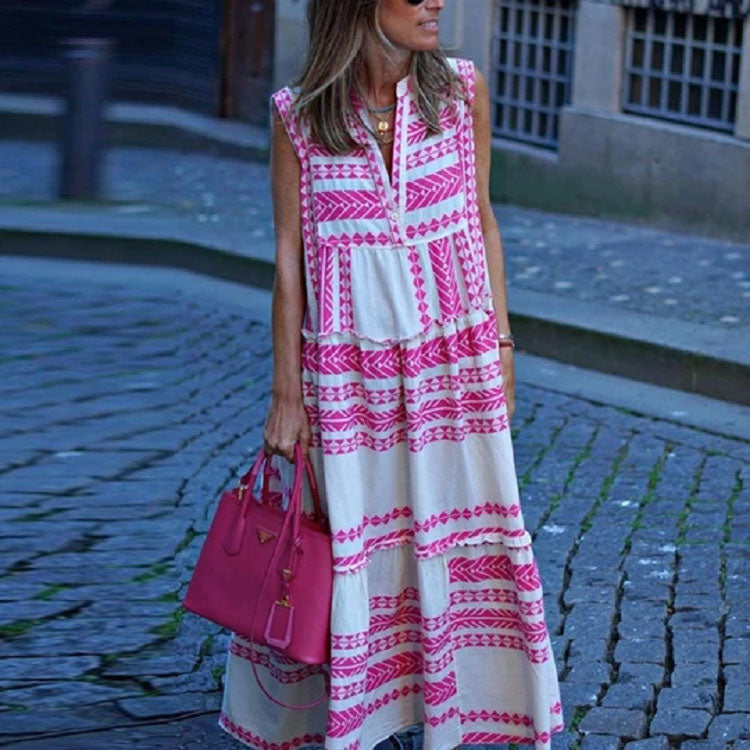 Geometric Print V-Neck Sleeveless Maxi Dress
