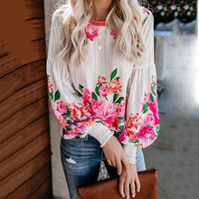 Load image into Gallery viewer, Floral Print Round Neck Chiffon Shirt
