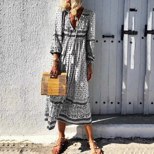 Boho Style V-Neck Printed Maxi Casual Dress