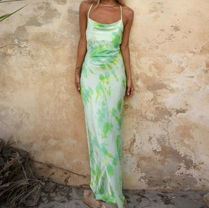 Tie-Dye Cross-Cut Backless Bodycon Maxi Dress