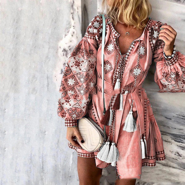 Bohemian V-Neck Long-Sleeved Lace-Up Fringed MIni Dress