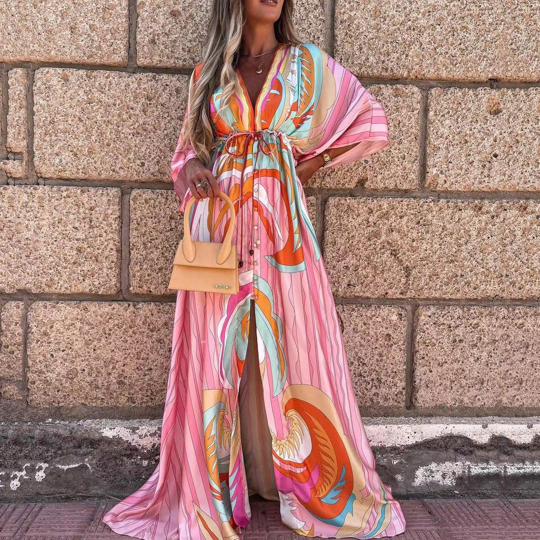 Elegant V-Neck Boho Style Vacation Maxi Dress