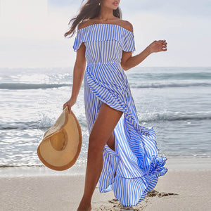One-Shoulder Striped Slit Irregula Maxi Dress