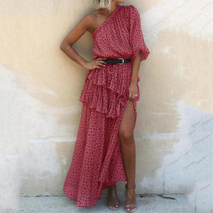 Fashion One Shoulder Polk Dot Printed Maxi Dress