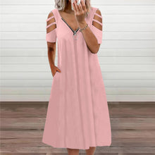 Load image into Gallery viewer, Solid Color V-neck Zip Short Sleeve Dress
