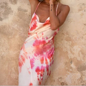 Tie-Dye Cross-Cut Backless Bodycon Maxi Dress