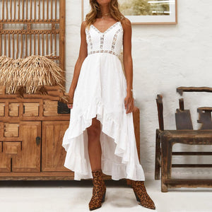 Sling V-Neck Hollow Stitching Lace Maxi Dress