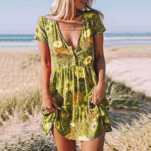 V-Neck Floral Printed Boho Mini Dress