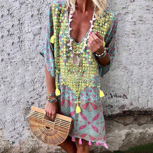 Boho Tassel V-Neck Printed Mini Dress