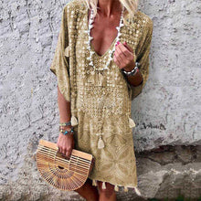 Load image into Gallery viewer, Boho Tassel V-Neck Printed Mini Dress

