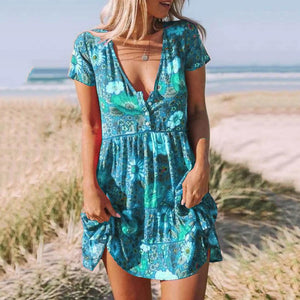V-Neck Floral Printed Boho Mini Dress