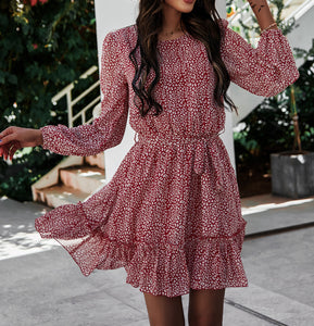 Lace-Up Round Neck Print Mini Dress