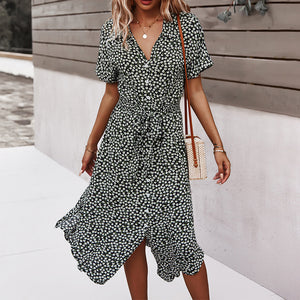 V-Neck Printed Short-Sleeved Dress