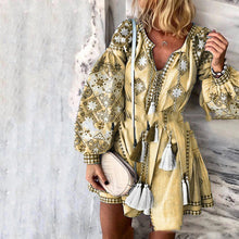 Load image into Gallery viewer, Bohemian V-Neck Long-Sleeved Lace-Up Fringed MIni Dress
