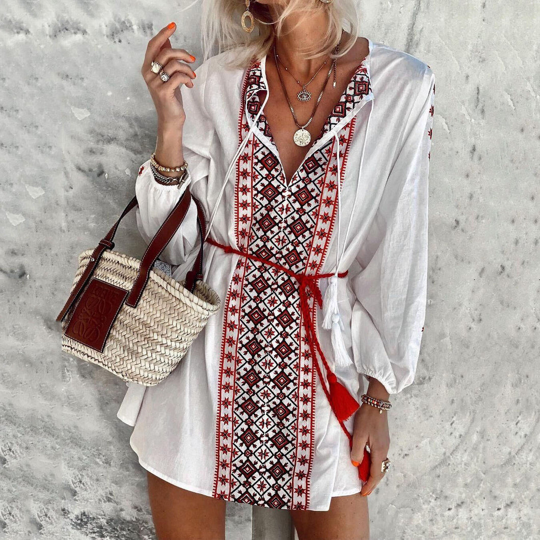 Lace Up Ethnic Print Mini Dress