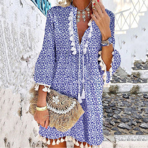 Boho Floral Print Tassel V-Neck Dress