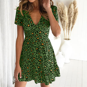 V-Neck Leopard Print Ruffle Dress