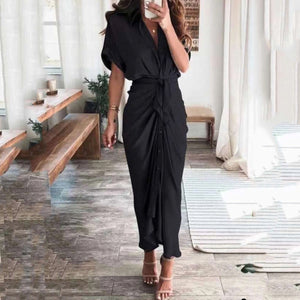 Elegant Commuter Solid Color V-Neck Maxi Dress