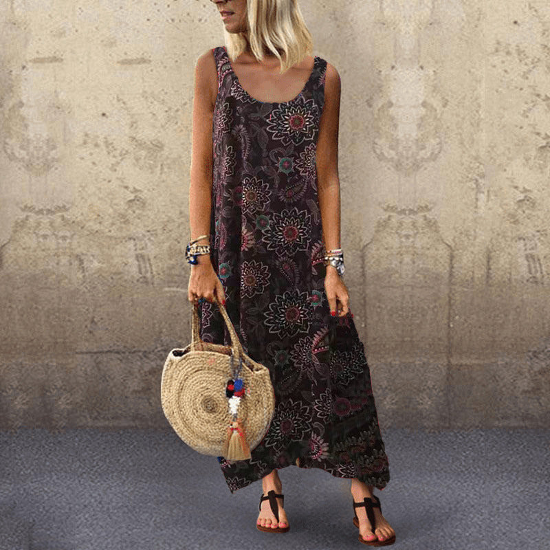 Round Neck Floarl Printed Sleeveless Dress