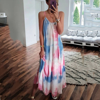 Fashion Tie-Dye Halter Sleeveless Maxi Dress