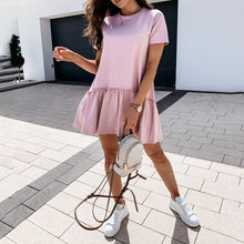 Load image into Gallery viewer, Solid Color Short-Sleeved Round Neck Ruffle Mini Dress

