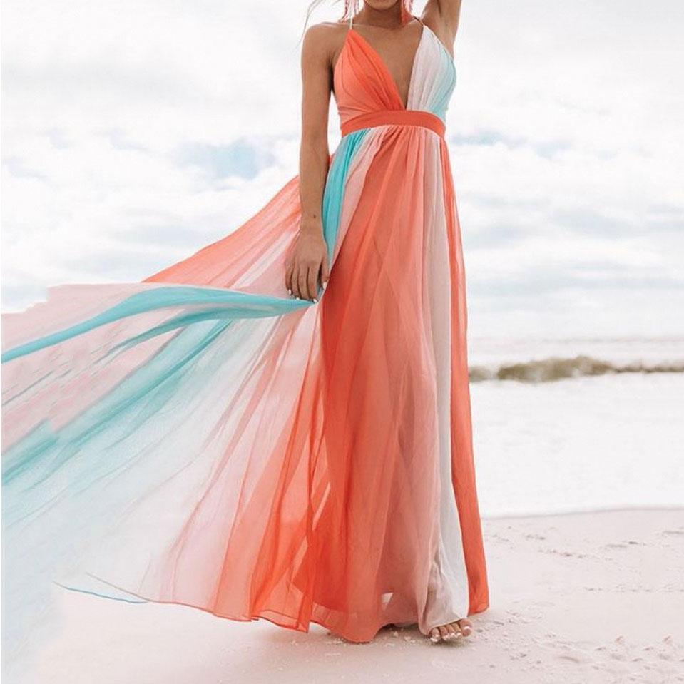 V Neck Rainbow Mesh Sling Dress