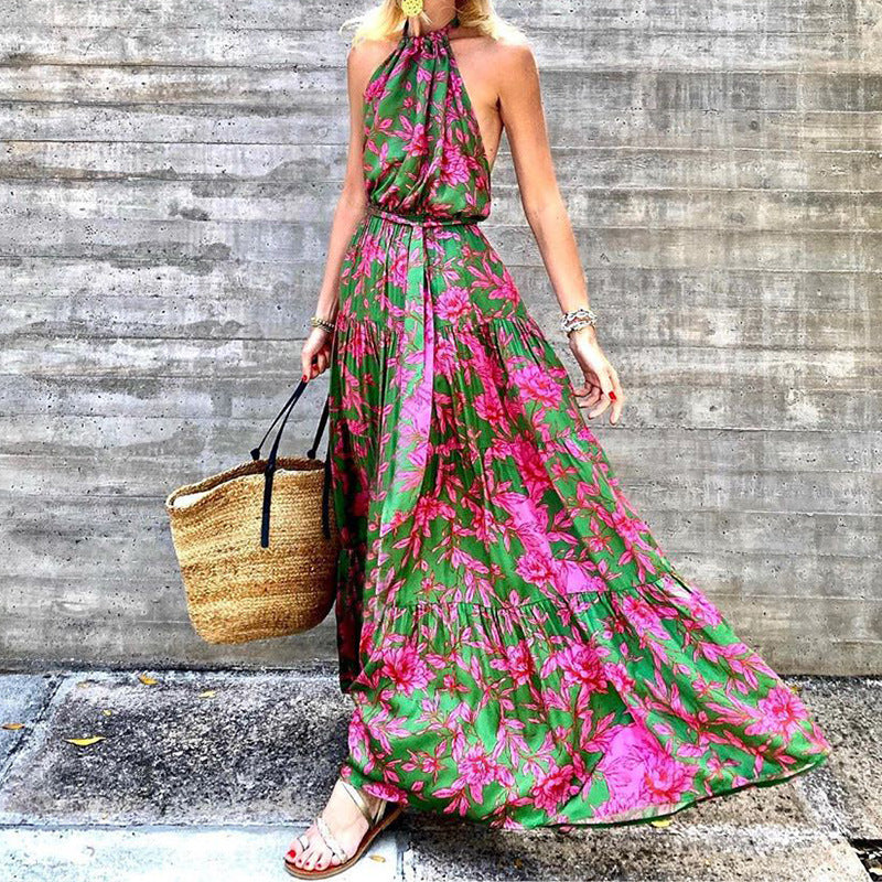 Sexy Backless Bohemia Style Floarl Printed Maxi Dress