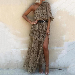 Fashion One Shoulder Polk Dot Printed Maxi Dress
