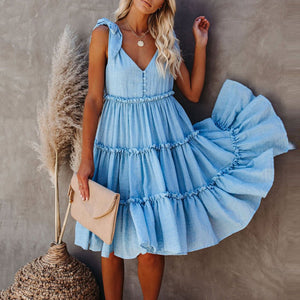 Lovely V-Neck Solid Color Vacation Dress