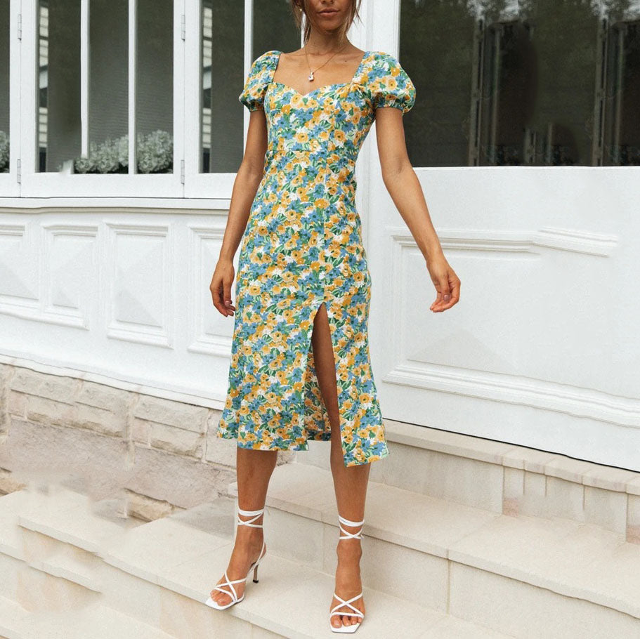 Square Neck Short Sleeve Side Slit Floral Print Dress