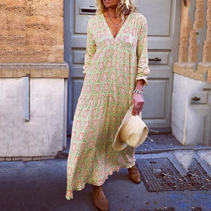 Boho V Neck Long Sleeve Print Maxi Dress