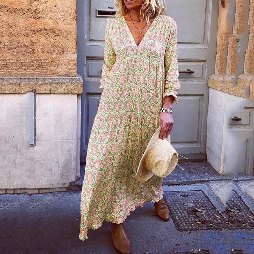 Boho V Neck Long Sleeve Print Maxi Dress