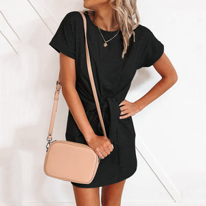 Solid Color Tie Short Sleeve Dress