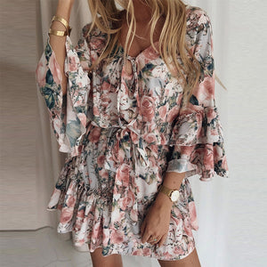 Floral Printed Ruffled V-Neck Mini Dress