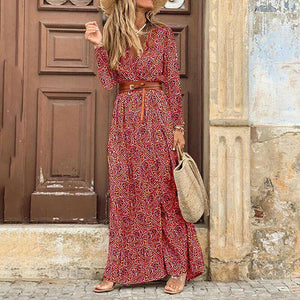 V-Neck Bohemian Print Maxi Dress