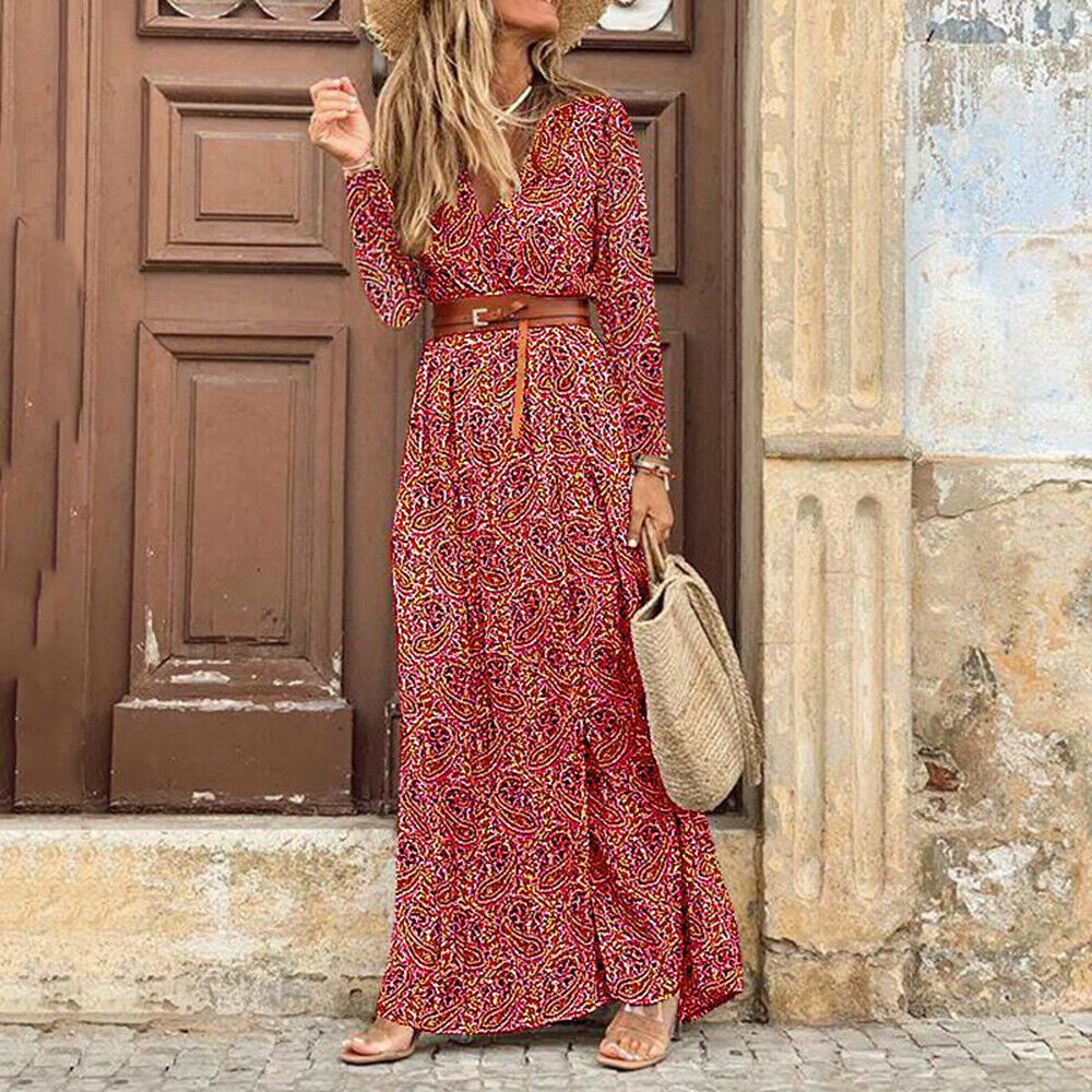 V-Neck Bohemian Print Maxi Dress