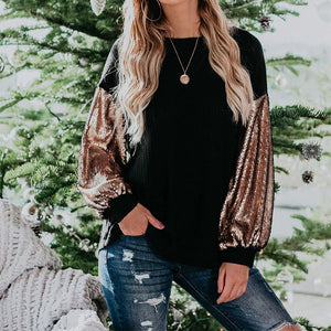 Fashion Sequins Contrast Stitching Knit Top
