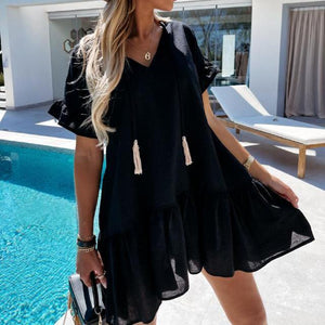 Solid Color V Neck Casual Mini Dress