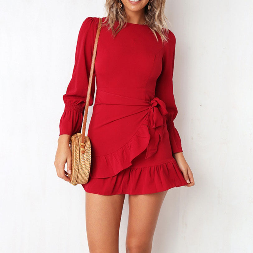 Solid Color Slim-Fit Lace Up Dress